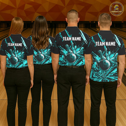 Teal Bowling Jerseys Bowling Polo, 1/4 Zip Shirt For Men Custom Bowling Team Shirts For Bowlers TDM7485