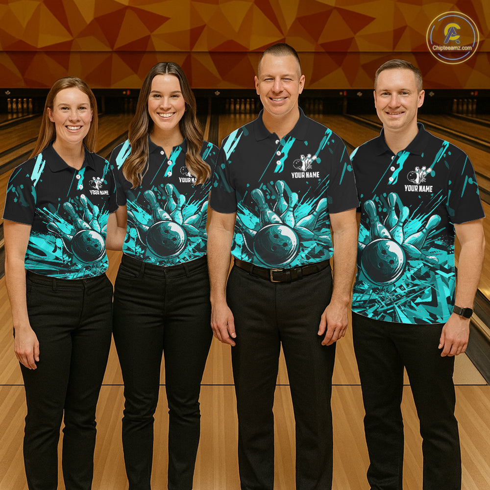 Teal Bowling Jerseys Bowling Polo, 1/4 Zip Shirt For Men Custom Bowling Team Shirts For Bowlers TDM7485