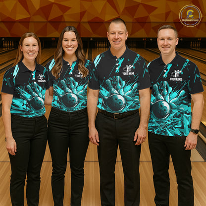 Teal Bowling Jerseys Bowling Polo, 1/4 Zip Shirt For Men Custom Bowling Team Shirts For Bowlers TDM7485