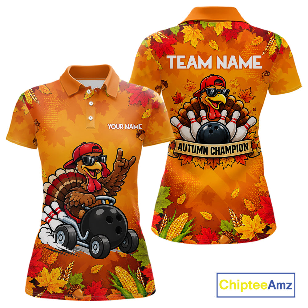 Thanksgiving Bowling Shirt For Women Personalized Funny Racing Turkey Autumn Season Bowling Team Apparel NYN4401