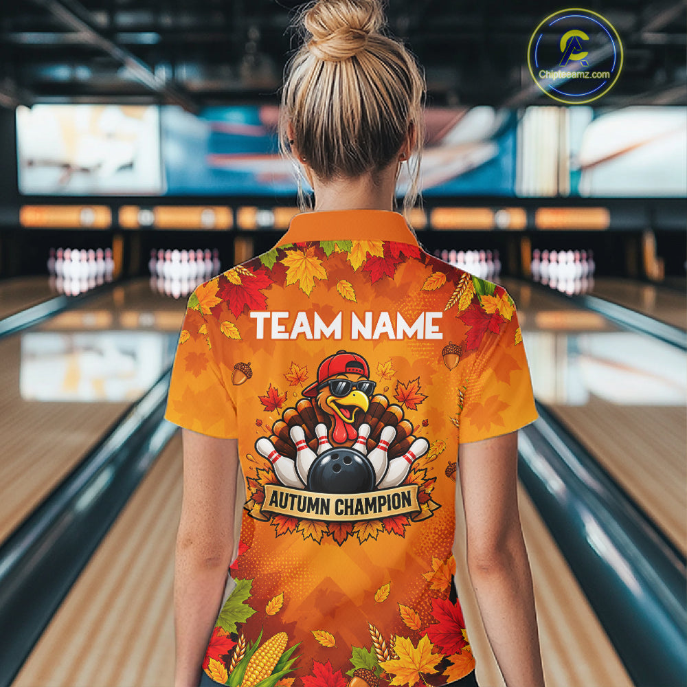 Thanksgiving Bowling Shirt For Women Personalized Funny Racing Turkey Autumn Season Bowling Team Apparel NYN4401