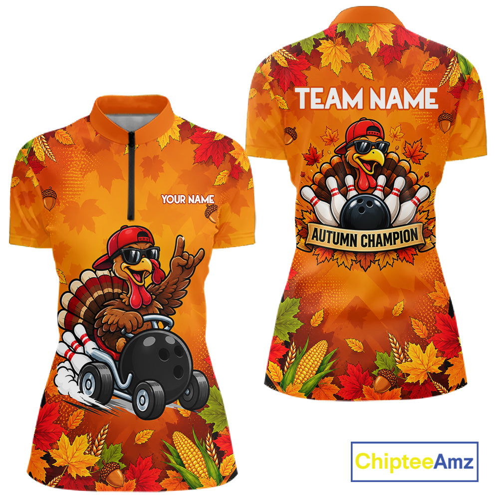 Thanksgiving Bowling Shirt For Women Personalized Funny Racing Turkey Autumn Season Bowling Team Apparel NYN4401