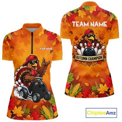 Thanksgiving Bowling Shirt For Women Personalized Funny Racing Turkey Autumn Season Bowling Team Apparel NYN4401