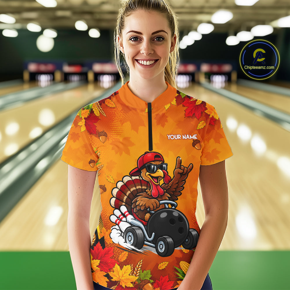 Thanksgiving Bowling Shirt For Women Personalized Funny Racing Turkey Autumn Season Bowling Team Apparel NYN4401