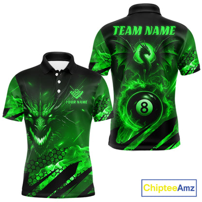 Personalized Green Flaming Dragon 8 Ball Billiard Shirt For Men, Pool Team Jersey Polo & 1/4 Zip TDM7492