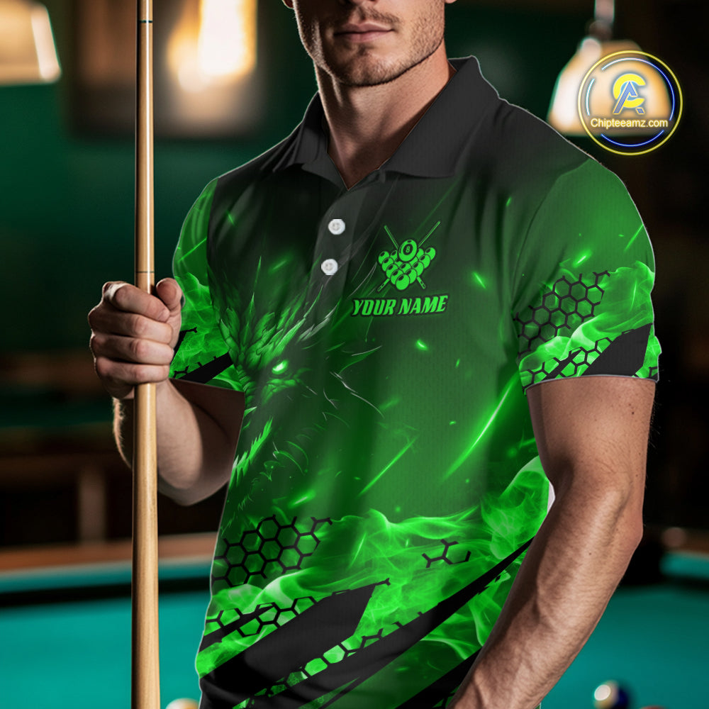 Personalized Green Flaming Dragon 8 Ball Billiard Shirt For Men, Pool Team Jersey Polo & 1/4 Zip TDM7492