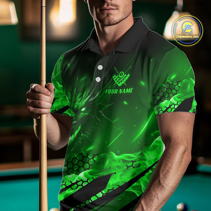 Personalized Green Flaming Dragon 8 Ball Billiard Shirt For Men, Pool Team Jersey Polo & 1/4 Zip TDM7492