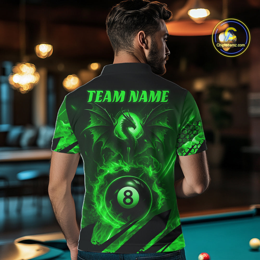 Personalized Green Flaming Dragon 8 Ball Billiard Shirt For Men, Pool Team Jersey Polo & 1/4 Zip TDM7492