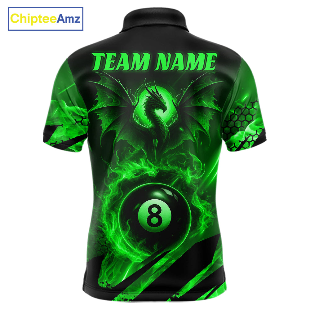 Personalized Green Flaming Dragon 8 Ball Billiard Shirt For Men, Pool Team Jersey Polo & 1/4 Zip TDM7492