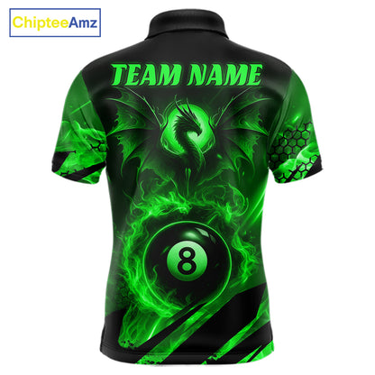Personalized Green Flaming Dragon 8 Ball Billiard Shirt For Men, Pool Team Jersey Polo & 1/4 Zip TDM7492