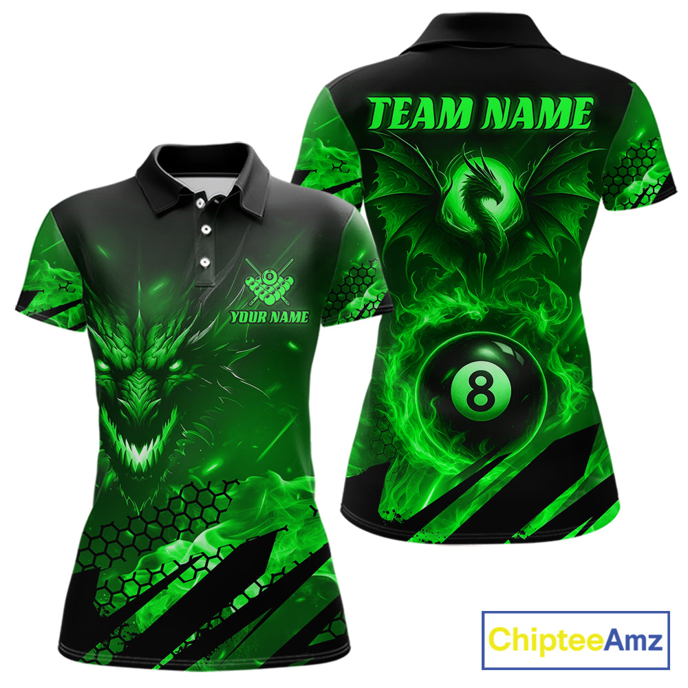 Personalized Green Flaming Dragon 8 Ball Billiard Shirt For Women, Pool Team Jersey Polo & 1/4 Zip TDM7492