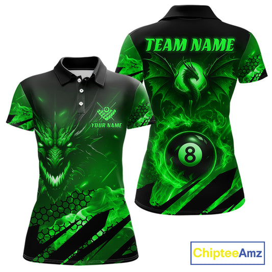 Personalized Green Flaming Dragon 8 Ball Billiard Shirt For Women, Pool Team Jersey Polo & 1/4 Zip TDM7492