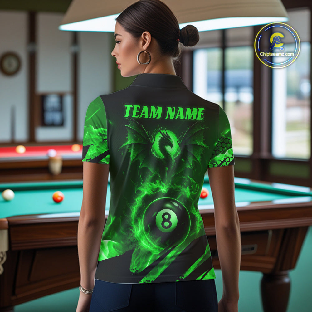 Personalized Green Flaming Dragon 8 Ball Billiard Shirt For Women, Pool Team Jersey Polo & 1/4 Zip TDM7492