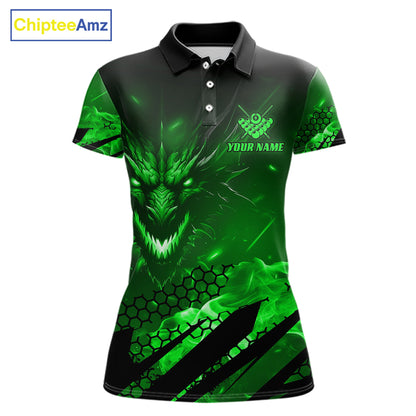 Personalized Green Flaming Dragon 8 Ball Billiard Shirt For Women, Pool Team Jersey Polo & 1/4 Zip TDM7492