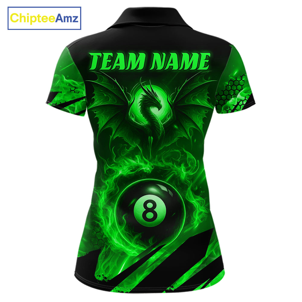 Personalized Green Flaming Dragon 8 Ball Billiard Shirt For Women, Pool Team Jersey Polo & 1/4 Zip TDM7492