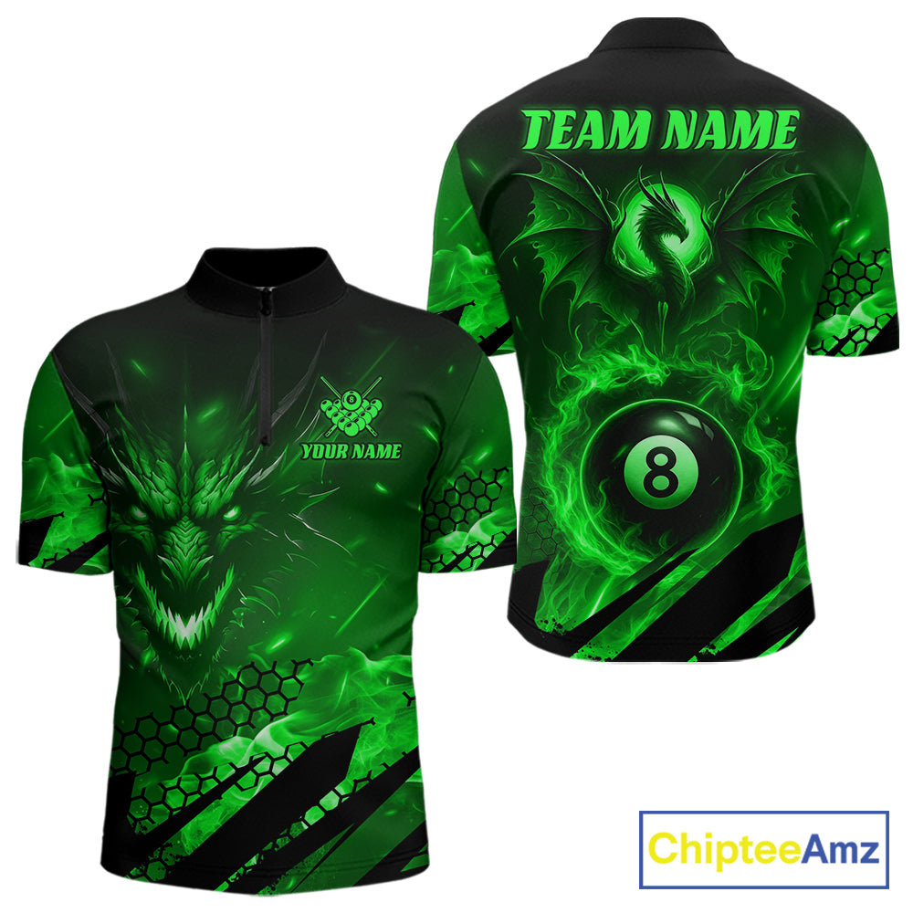 Personalized Green Flaming Dragon 8 Ball Billiard Shirt For Men, Pool Team Jersey Polo & 1/4 Zip TDM7492