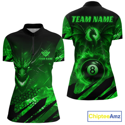 Personalized Green Flaming Dragon 8 Ball Billiard Shirt For Women, Pool Team Jersey Polo & 1/4 Zip TDM7492