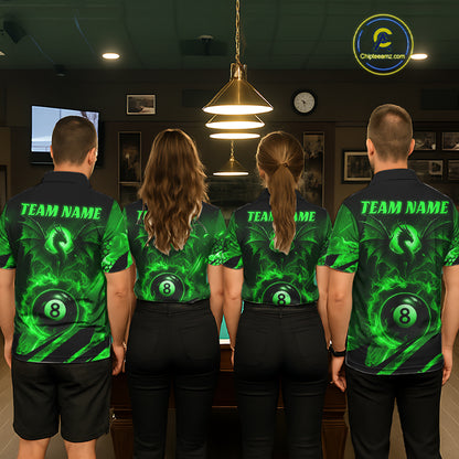 Personalized Green Flaming Dragon 8 Ball Billiard Shirt For Men, Pool Team Jersey Polo & 1/4 Zip TDM7492