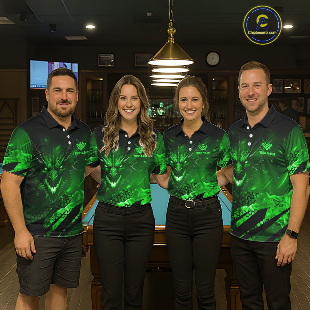 Personalized Green Flaming Dragon 8 Ball Billiard Shirt For Men, Pool Team Jersey Polo & 1/4 Zip TDM7492