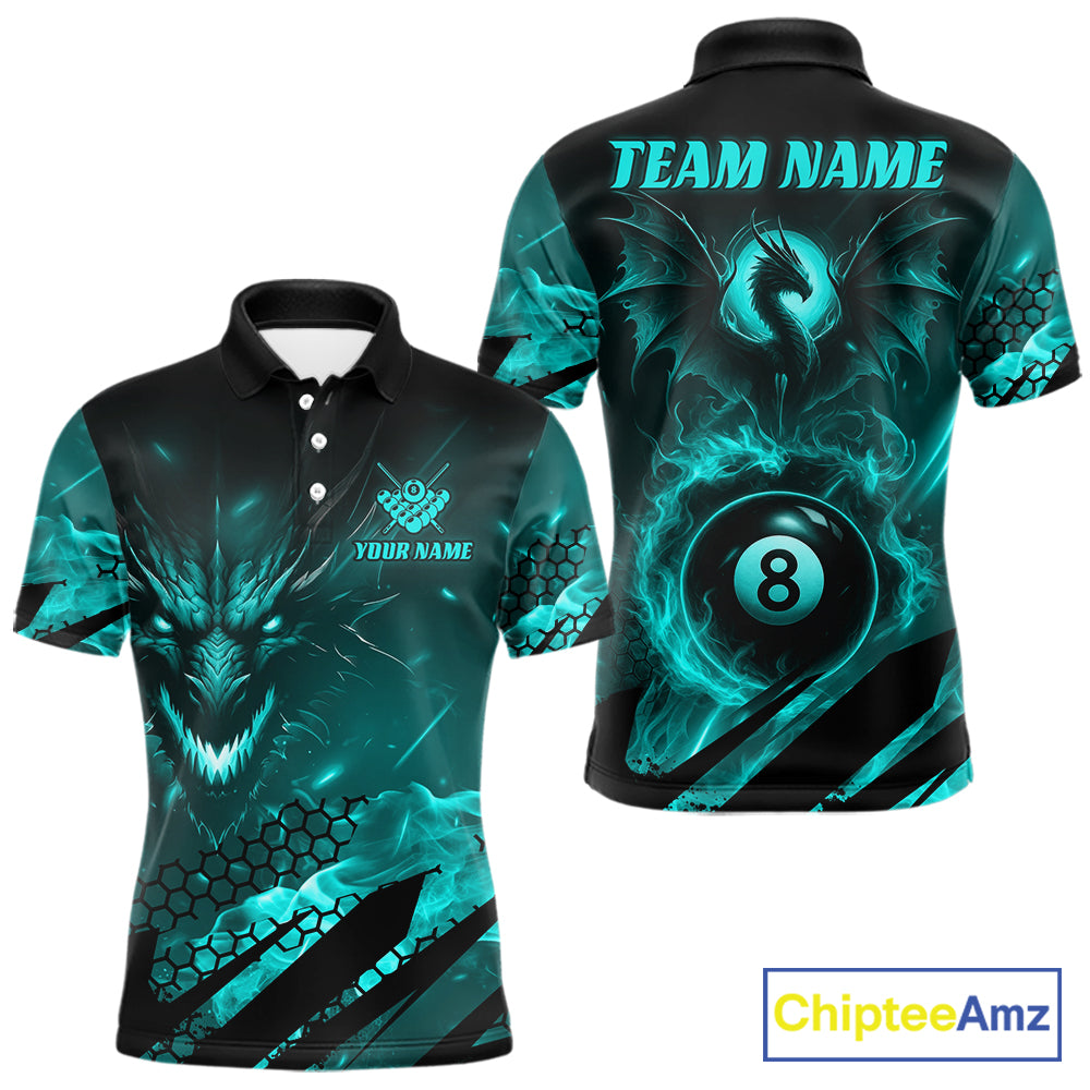 Personalized Teal Flaming Dragon 8 Ball Billiard Shirt For Men, Pool Team Jersey Polo & 1/4 Zip TDM7493
