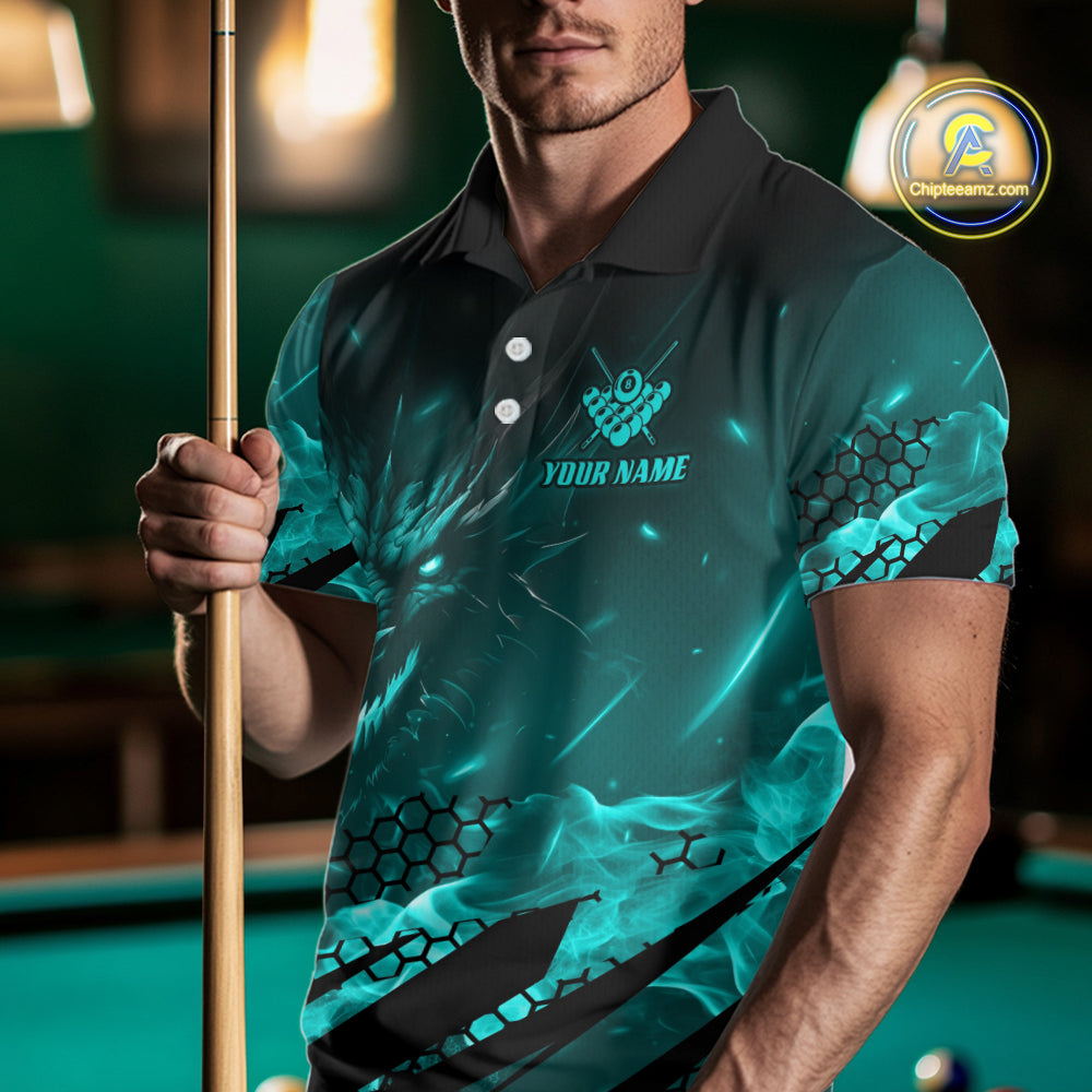 Personalized Teal Flaming Dragon 8 Ball Billiard Shirt For Men, Pool Team Jersey Polo & 1/4 Zip TDM7493