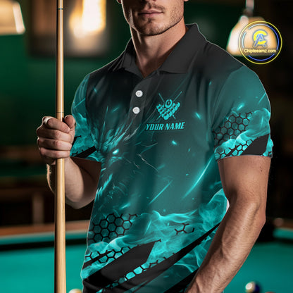 Personalized Teal Flaming Dragon 8 Ball Billiard Shirt For Men, Pool Team Jersey Polo & 1/4 Zip TDM7493
