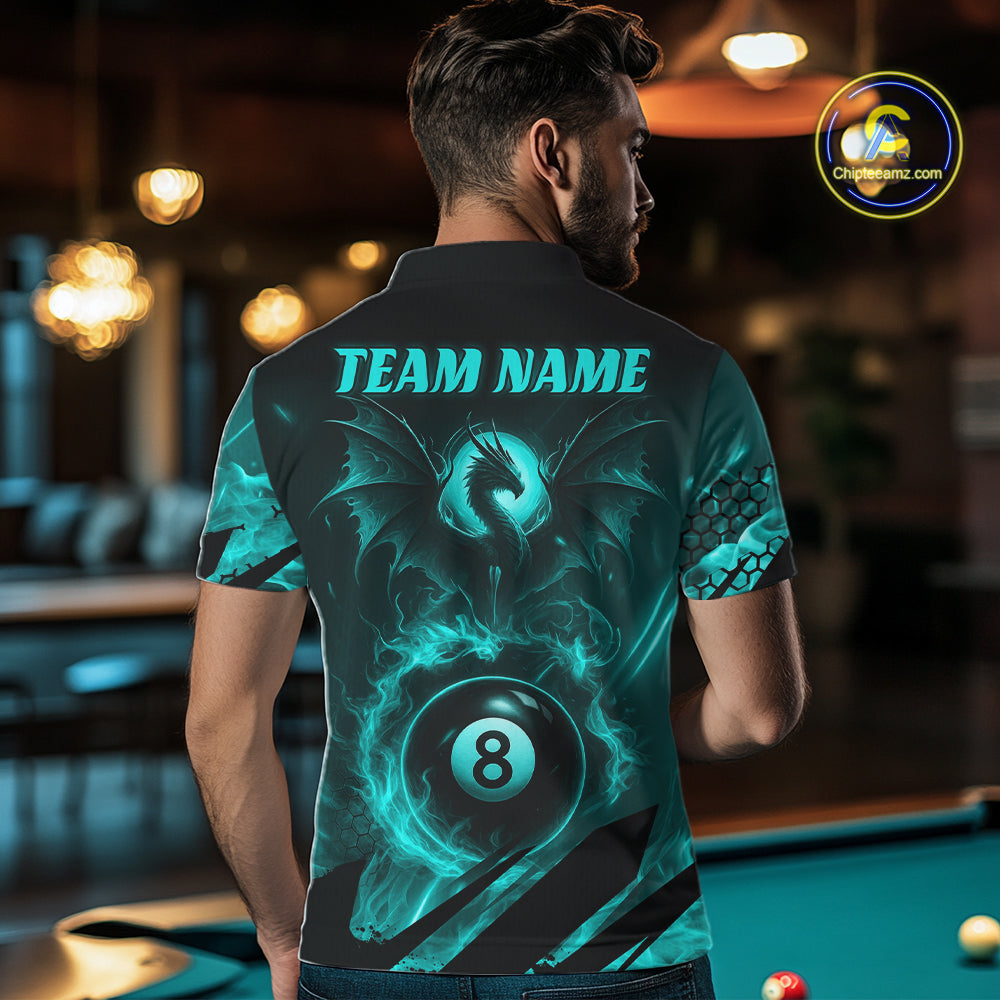 Personalized Teal Flaming Dragon 8 Ball Billiard Shirt For Men, Pool Team Jersey Polo & 1/4 Zip TDM7493