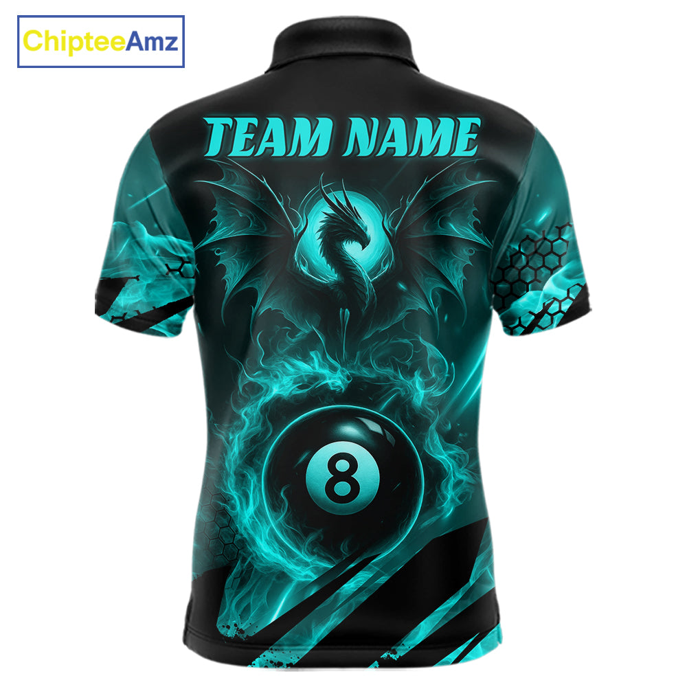Personalized Teal Flaming Dragon 8 Ball Billiard Shirt For Men, Pool Team Jersey Polo & 1/4 Zip TDM7493
