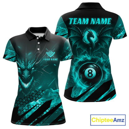 Personalized Teal Flaming Dragon 8 Ball Billiard Shirt For Women, Pool Team Jersey Polo & 1/4 Zip TDM7493
