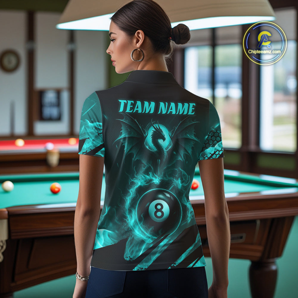 Personalized Teal Flaming Dragon 8 Ball Billiard Shirt For Women, Pool Team Jersey Polo & 1/4 Zip TDM7493