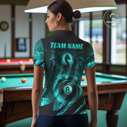 Personalized Teal Flaming Dragon 8 Ball Billiard Shirt For Women, Pool Team Jersey Polo & 1/4 Zip TDM7493
