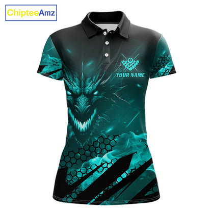 Personalized Teal Flaming Dragon 8 Ball Billiard Shirt For Women, Pool Team Jersey Polo & 1/4 Zip TDM7493