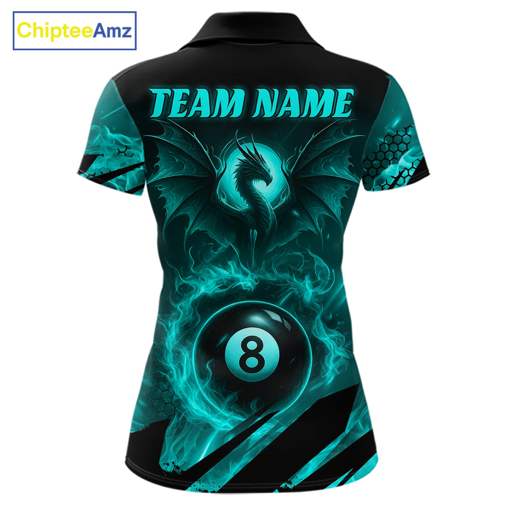 Personalized Teal Flaming Dragon 8 Ball Billiard Shirt For Men, Pool Team Jersey Polo & 1/4 Zip TDM7493