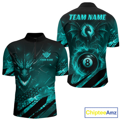 Personalized Teal Flaming Dragon 8 Ball Billiard Shirt For Men, Pool Team Jersey Polo & 1/4 Zip TDM7493