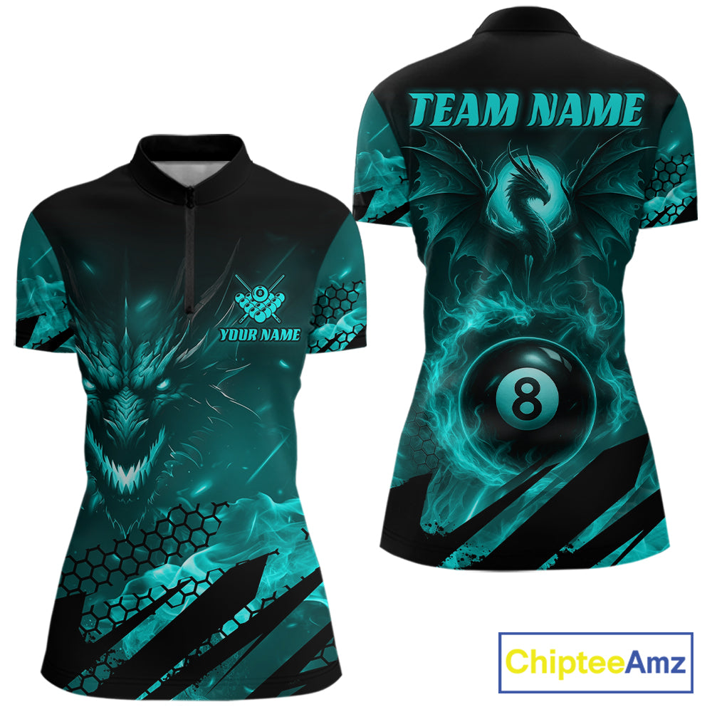 Personalized Teal Flaming Dragon 8 Ball Billiard Shirt For Women, Pool Team Jersey Polo & 1/4 Zip TDM7493
