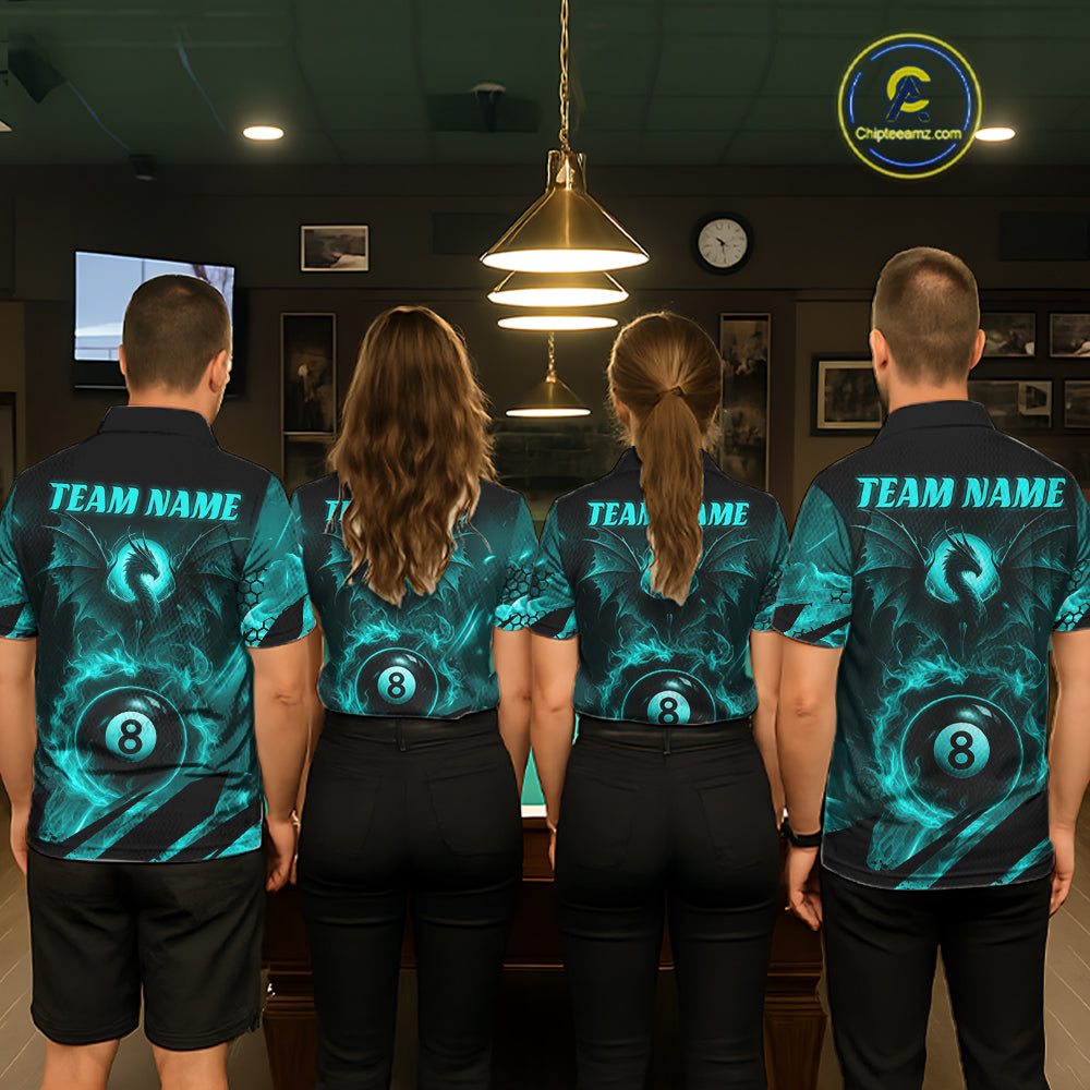 Personalized Teal Flaming Dragon 8 Ball Billiard Shirt For Men, Pool Team Jersey Polo & 1/4 Zip TDM7493