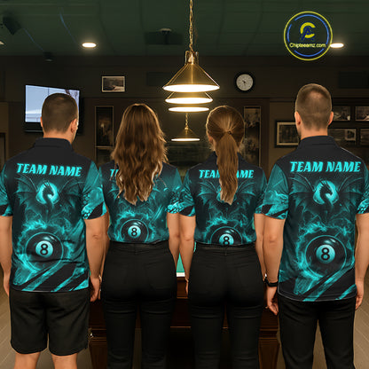 Personalized Teal Flaming Dragon 8 Ball Billiard Shirt For Men, Pool Team Jersey Polo & 1/4 Zip TDM7493