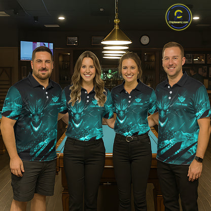 Personalized Teal Flaming Dragon 8 Ball Billiard Shirt For Men, Pool Team Jersey Polo & 1/4 Zip TDM7493