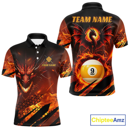 Personalized Orange Flaming Dragon 9 Ball Billiard Shirt For Men, Pool Team Jersey Polo & 1/4 Zip TDM7494