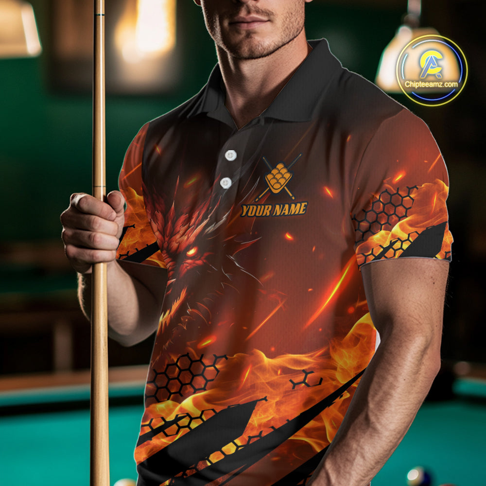 Personalized Orange Flaming Dragon 9 Ball Billiard Shirt For Men, Pool Team Jersey Polo & 1/4 Zip TDM7494