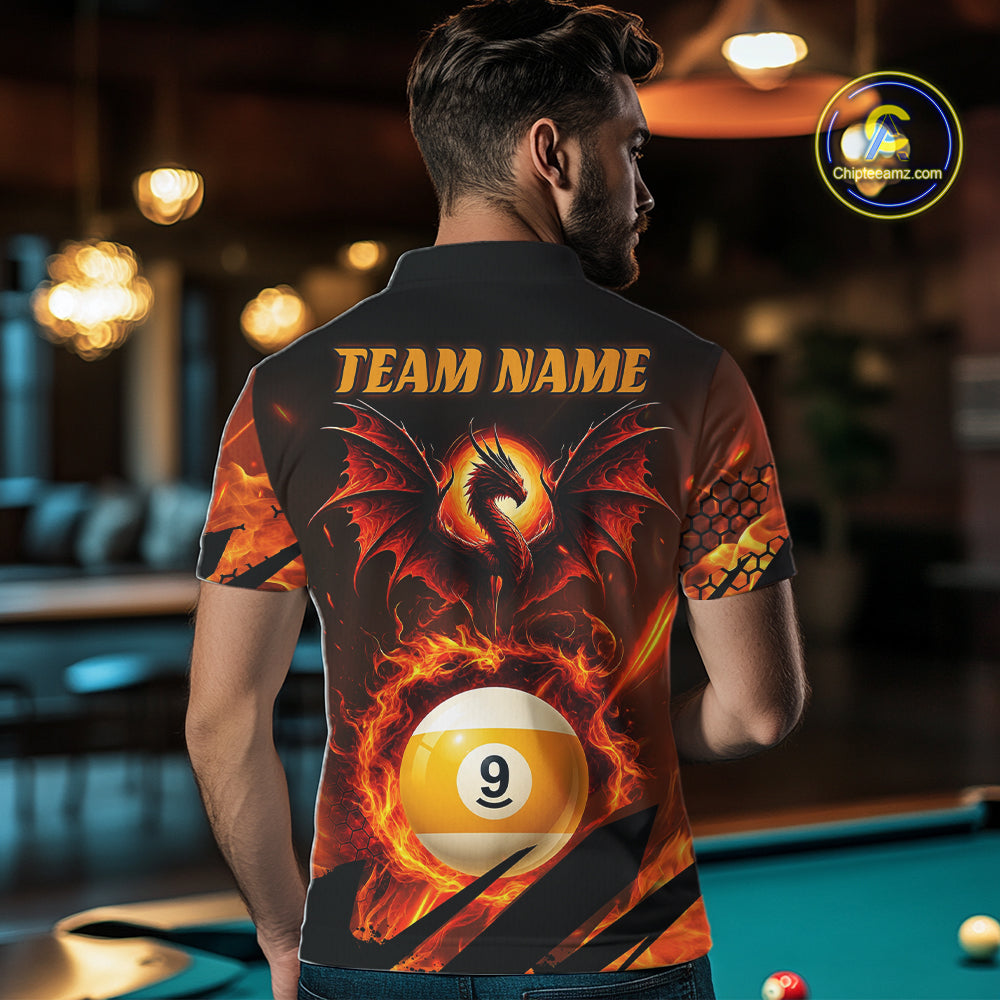 Personalized Orange Flaming Dragon 9 Ball Billiard Shirt For Men, Pool Team Jersey Polo & 1/4 Zip TDM7494