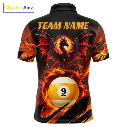 Personalized Orange Flaming Dragon 9 Ball Billiard Shirt For Men, Pool Team Jersey Polo & 1/4 Zip TDM7494