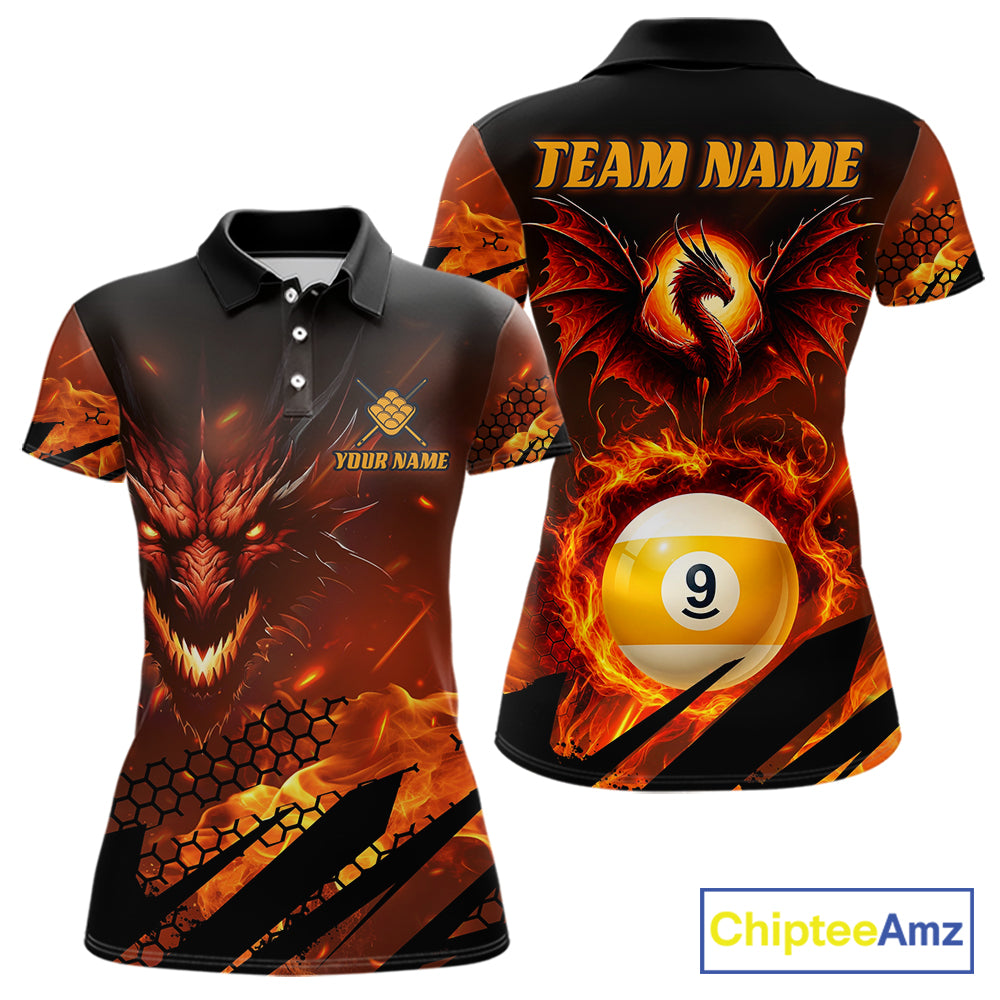 Personalized Orange Flaming Dragon 9 Ball Billiard Shirt For Women, Pool Team Jersey Polo & 1/4 Zip TDM7494
