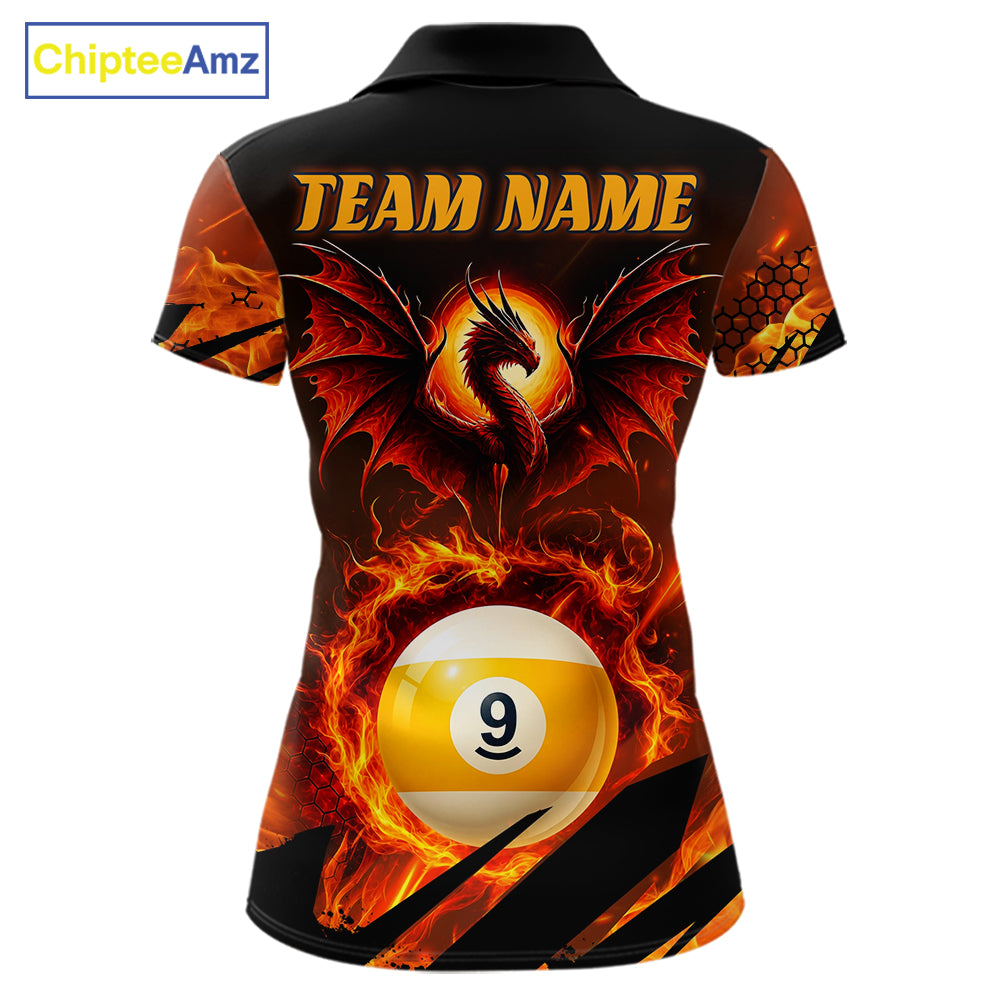 Personalized Orange Flaming Dragon 9 Ball Billiard Shirt For Women, Pool Team Jersey Polo & 1/4 Zip TDM7494