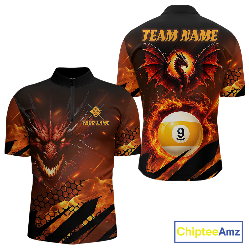 Personalized Orange Flaming Dragon 9 Ball Billiard Shirt For Men, Pool Team Jersey Polo & 1/4 Zip TDM7494