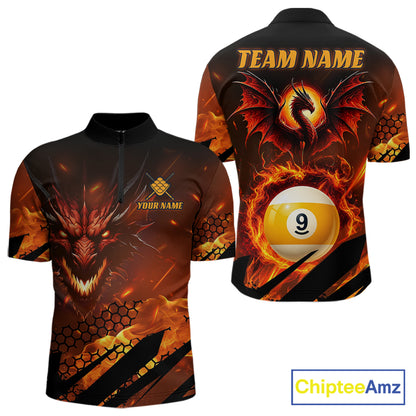 Personalized Orange Flaming Dragon 9 Ball Billiard Shirt For Men, Pool Team Jersey Polo & 1/4 Zip TDM7494