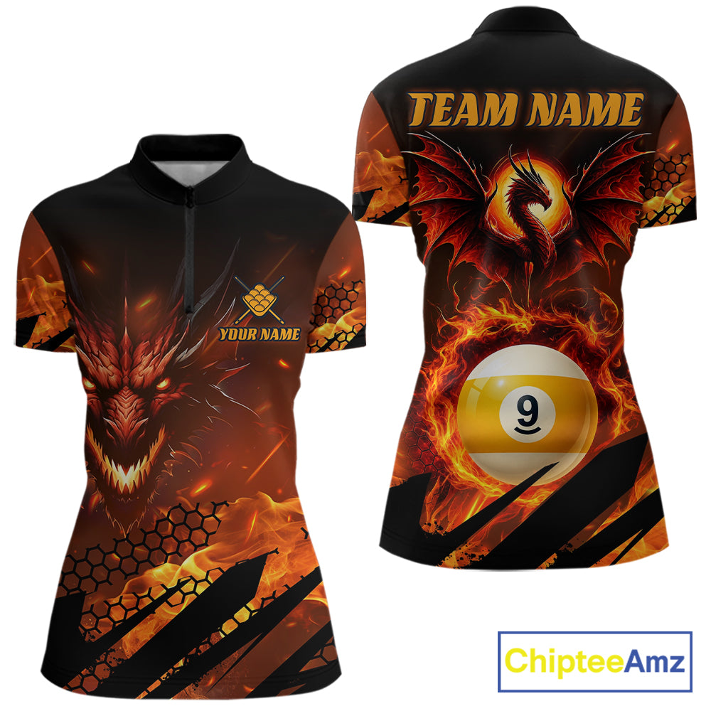Personalized Orange Flaming Dragon 9 Ball Billiard Shirt For Women, Pool Team Jersey Polo & 1/4 Zip TDM7494