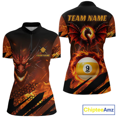 Personalized Orange Flaming Dragon 9 Ball Billiard Shirt For Women, Pool Team Jersey Polo & 1/4 Zip TDM7494