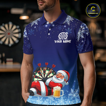 Funny Santa Blue Christmas Darts Shirt For Men Custom Snowflake Xmas Darts Jersey Gifts TDM5190