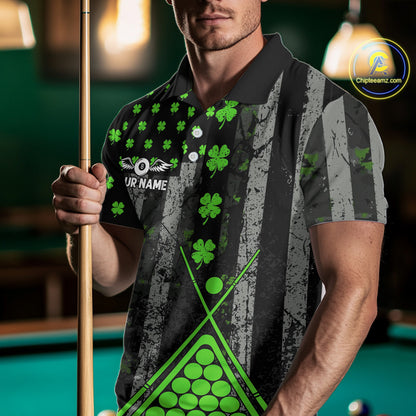 Green Grunge US Flag Luckiest Shamrock Billiard Shirt For Men Custom St Patrick Day Pool Jersey TDM5710